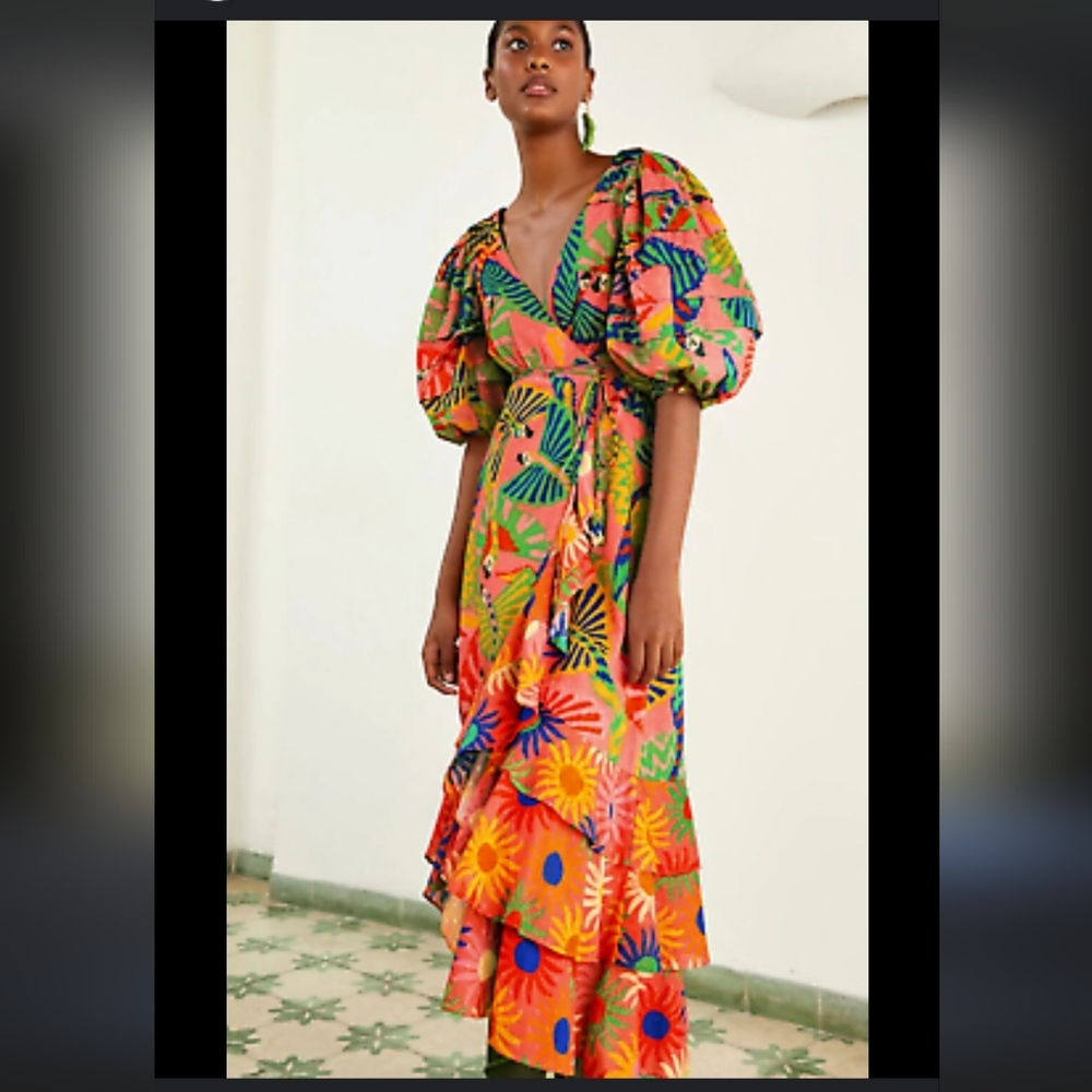 Farm Rio Graphic Macaws Coral Mixed Midi Dress